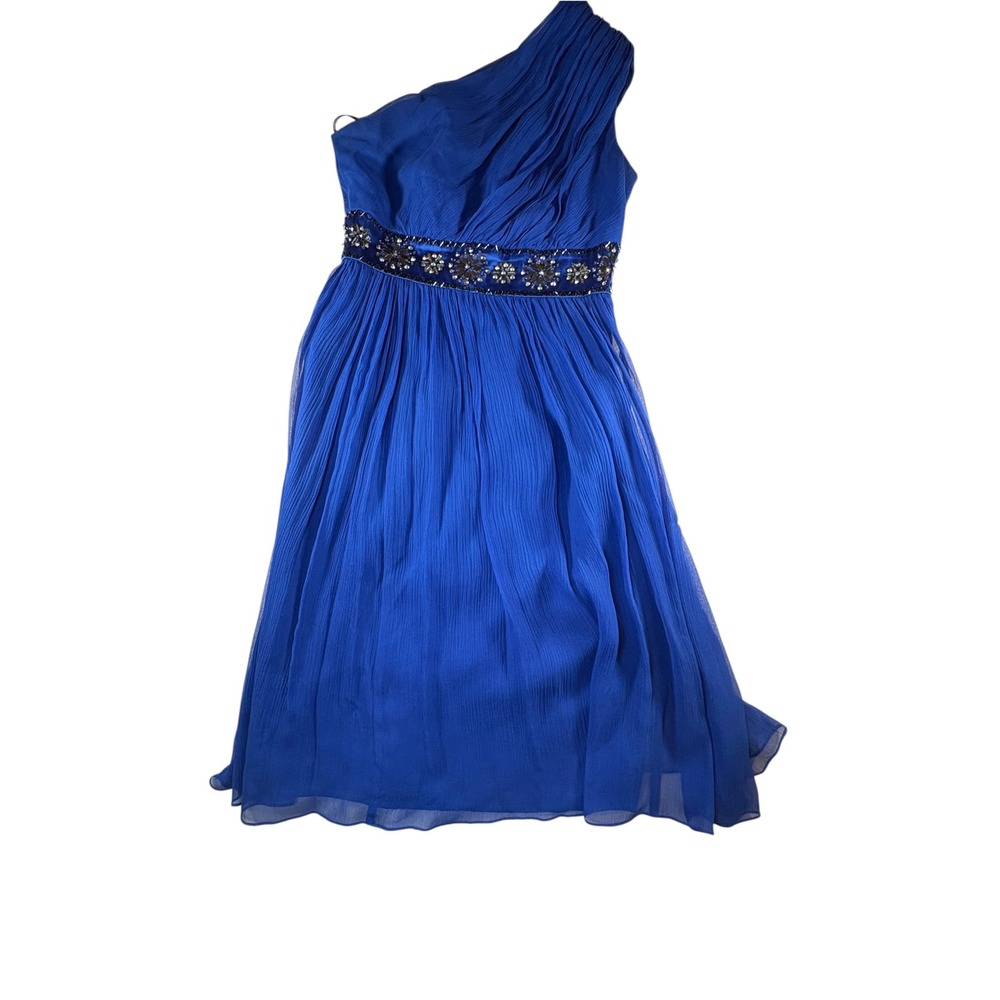 Maggy London Silk Gown Womens 4 Blue Excellent One Shoulder Embellished Maxi
